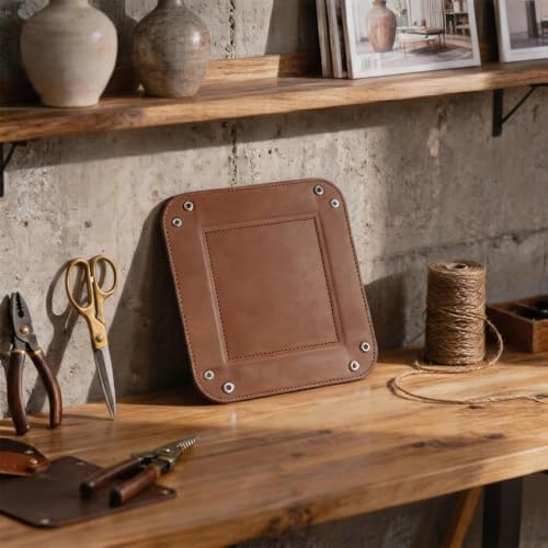 Valet Tray Desktop Storage Organizer – Vegan Leather Catchall Tray Bedside Vanity Tray Nightstand Caddy Holder for Remote Controller, Watch, Keys, Phone, Wallet, Coin, Jewelry, Brown - color: Brown