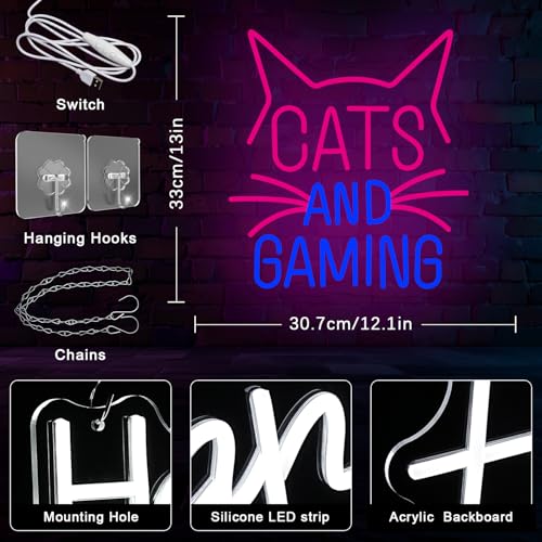 Cats Gaming Neon Sign Gamer Neon Light Sign Cat LED Light Sign Pink Blue Gaming Cat Neon Sign for Gaming Video Room Gamer Decor Gamer Teen Birthday - color: Crimson&Dark Blue
