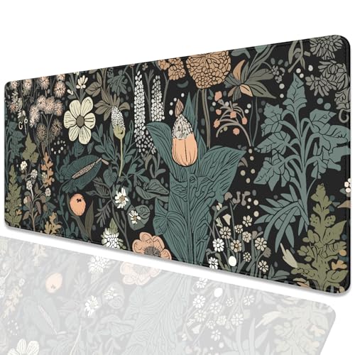 Dark Cottagecore Botanical Desk Pad Mouse Pad,Large Gaming Floral Mouse Mat with Stitched Edges,Non-Slip Waterproof Rubber Base Mousepad for Office Work Home Desk Mat(27.5X11.8 in) - color: Dark Cottagecore Folwers