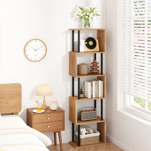 IBUYKE 6-Tier Tall Bookshelf,S-Shaped Geometric Bookcase, Wood Display Shelves with Storage,Modern Bookshelf for Living Room Bedroom, Home Office,Oak WBC016K - color: Oak, size: 6 Tier