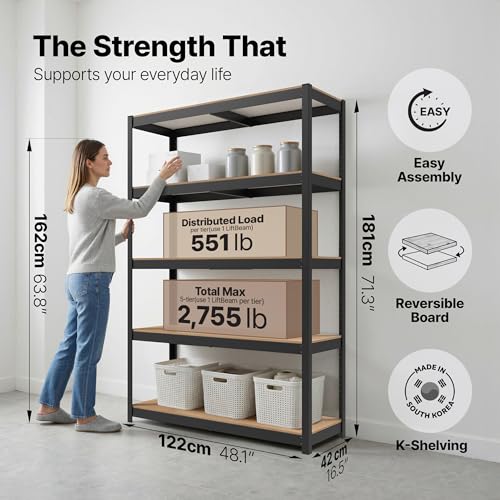 HOMEDANT House 48.1" W 5 Tier Heavy Duty Garage Shelving Adjustable Metal Rack Storage Shelves Standing Shelf Unit Organizers Industrial Warehouse Basement Black 1Pack - color: Black, size: 48.1"W x 16.5"D