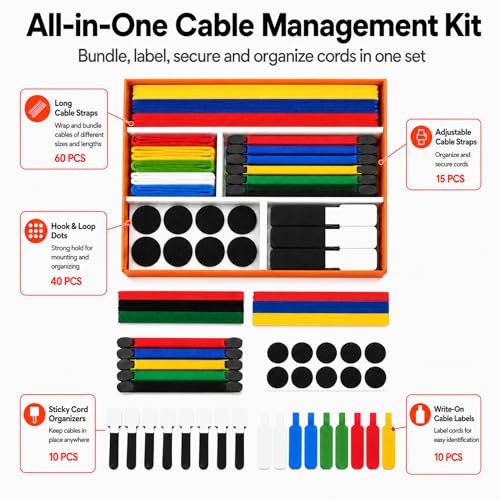 Cable Management Kit, 135Pcs Reusable Hook and Loop Cable Ties, Adhesive Clips, Cord Labels for Desk Cord Organizer Home Office - Multicolor