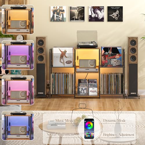 3IngSeagulls Record Player Stand with Power Outlets and LED Light, Turntable Stand Storage Up to 350+ Albums, Record Player Stand with Vinyl Storage, Tuntable Stand with Record Holder for Living Room - color: with Power Outlet