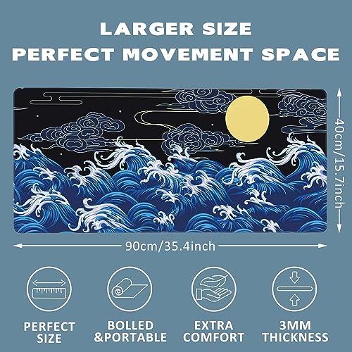 Large Mouse Pad Decorative Waves in Oriental Style Extended Gaming Mouse Pad Desk Mat Stitched Edges Mousepad Non-Slip Rubber Base Keyboard Pad for Laptop Computer PC 35.4 x 15.7 inches - color: Decorative Waves in Oriental Style
