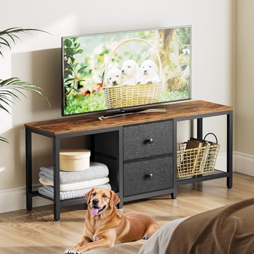 YATINEY TV Stand for TVs up to 55", Entertainment Center with 2 Fabric Drawer, Media Console with Shelves, Television Stands for Living Room, Bedroom, Rustic Brown and Black DS02BR - color: Rustic Brown + Black