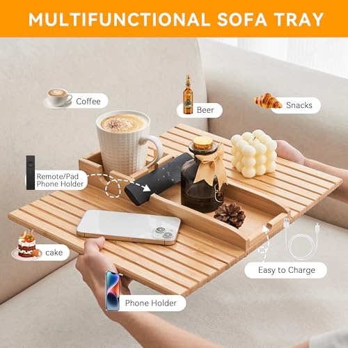 GEHE Bamboo Couch Cup Holder, Anti-Spill Sofa Arm Tray, Natural and Easy to Clean Couch Arm Cup Holder Armrest Tray Perfect for Cups, Beers, Snacks, Remote Control, Drinks - color: New Design-Bamboo