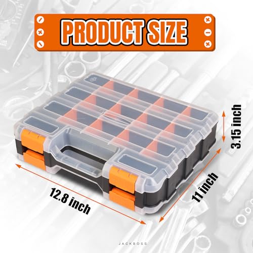 Jack Boss Tool Box with Transparent Lid, Double Side 34-Compartments Organizer Box with Removable Dividers for Hardware, Screws, Bolts, Nails, Beads, Jewelry and Fishing Accessories, Orange, 1 Pack - color: Orange, size: 1 PACK