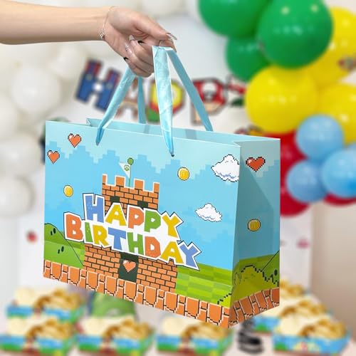13" Large Super Brother Gift Bag Set with Greeting Card and Tissue Papers, Video Games Theme Happy Birthday Gift Bags for Birthday Party Celebration.