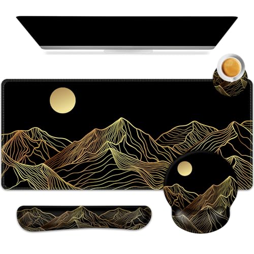 ARTSO Large Mouse Pad Keyboard Wrist Rest Combo, Ergonomic Mouse Pad with Wrist Support, Extended Non-Slip Desk Mat Protector, 4-in-1Set Desk Blotter for Office Home, Golden Sun Mountain - color: Golden Sun Mountain