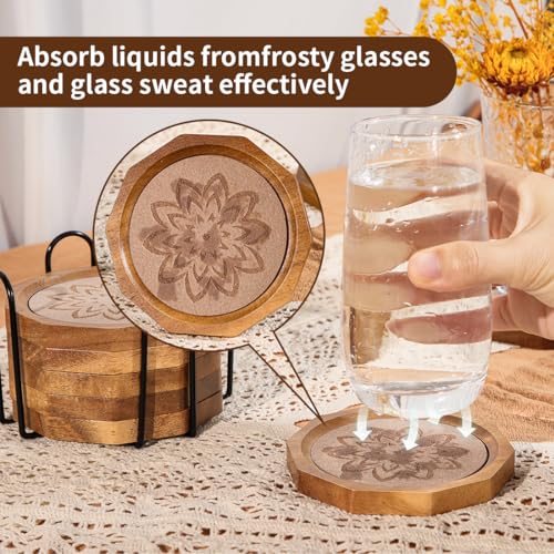 Wood Coasters for Drinks Absorbent with Lip, 4.3 Inch Acacia Wood Camel Felt Coaster with Holder for Wooden Coffee Table for Cups, Mugs, and Glasses - Set of 6 - color: camel