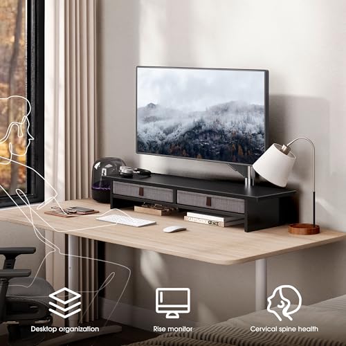 Fenge 35 Inch Monitor Stand with Drawer, 2 Tiers Dual Monitor Riser for Desk, Wooden Computer Stand for 2 Monitors, Desk Shelf for Home, Office, Laptop, PC, TV, Printer, Black - color: Black