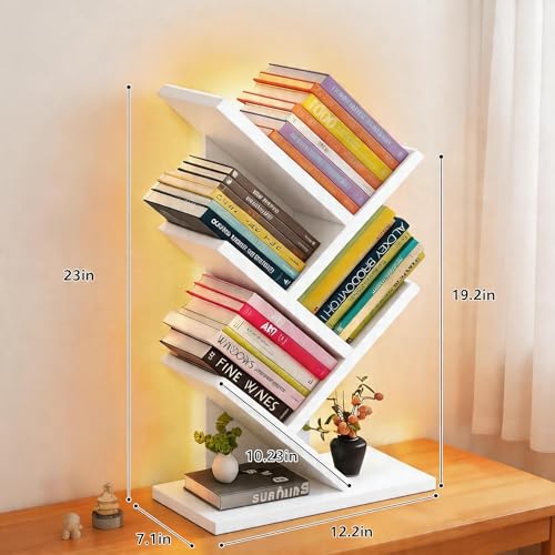 Godferyxin Tree Bookshelf with Liting,Small Bookcase LED and Desktop Book Shelf Light for Office, Home or School Mini Bookcase for Displaying Books, CDs, Magazines Wood White Bookshelf Small - color: 5tier-bookshelf Liting White