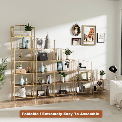 Crofy 4-Tier Foldable Bookshelf, Gold Frame & Walnut Shelves | No-Assembly Collapsible Portable Storage Organizer; Sturdy Walnut Finish Shelves; Ideal for Living Room & Home Office - color: Gold Frame & Walnut Shelf, size: 4 Tier