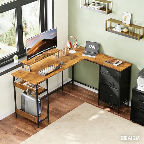 DEVAISE 55 Inch L Shaped Gaming Desk with Drawers and Storage, Corner Desk with LED Lights, Power Outlets, Computer Desk with Monitor Stand, Office Desk for Home, Rustic Brown - color: Rustic Brown, size: 55 Inch
