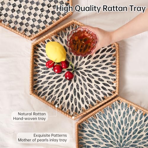 Hexagon Rattan Tray with Mother of Pearl Inlay, Rattan Serving Tray for Coffee, Bread, Fruits, Snacks, Decorative Wicker Tray for Table Decor, Home Decor (Black Leaves, 14.5"×12.8") - color: Black Leaves