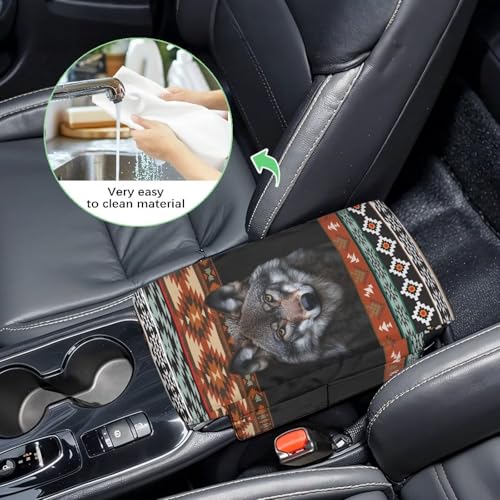 Wanyint Aztec Wolf Black Car Center Console Cover Scratch Resistant Armrest Seat Box Cover with Organizer Pockets Console Lid Protector Cushion Fit for Most Cars Vehicles SUVs - color: Aztec Wolf Black