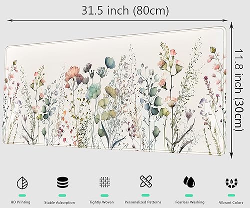 Cute Wild Flower Desk Mat, Boho Aesthetic XL Large Extended Gaming Mouse Pad Desk Pad with Stitched Edges 31.5x11.8 in, Computer Laptop Mousepad Keyboard and Mouse Mat for Women Office Desk Decor - color: Beige Wild Flower, size: 31.5" x 11.8"