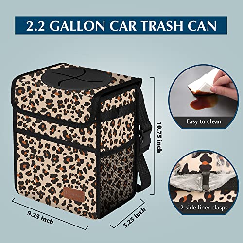 Car Trash Can with Lid Leak Proof Garbage Waterproof Bag for SUV Front Seat Multipurpose Hanging Headrest Collapsible and Portable Storage Mesh Pocket, Leopard Print - color: Leopard, size: 2.25 Gallons