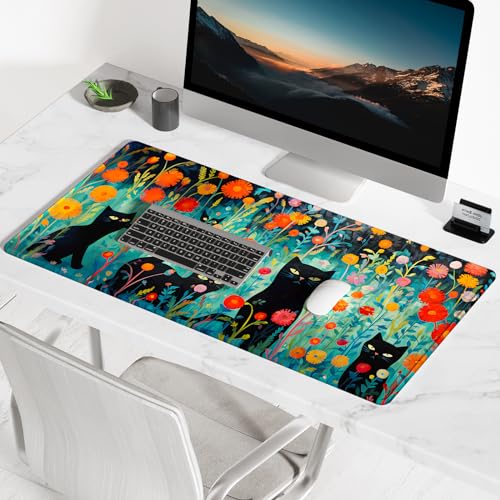 BOSOBO Large Desk Mat, XXL Gaming Mouse Mat, Full Cover Desktop 31.5 x 11.8 Inches, Black Cat GreenFolwers - color: Black Cat and Folwers, size: XL - 31.5 x 11.8 Inches