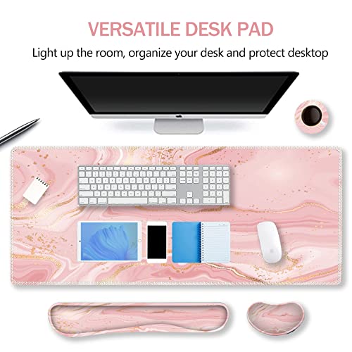 ARTSO Extended Gaming Mouse Pad Set, Keyboard Wrist Rest Support Pad + Wrist Cushion + XXL Large Mouse Pad + Coaster, Stitched Edge, Non-Slip, Memory Foam Desk Mat, Pink Gold Marble - color: Pink Gold Marble