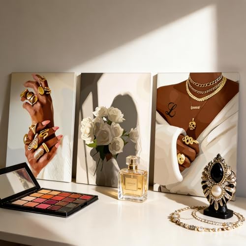 3Pcs Black Woman Canvas Wall Art African American Painting Picture Wall Decor Fashion Trendy Black Poster White Flower Aesthetic Poster Print Artwork for Girls Room Bedroom Home Decoration - color: Black Woman Canvas, size: 16"L x 12"W