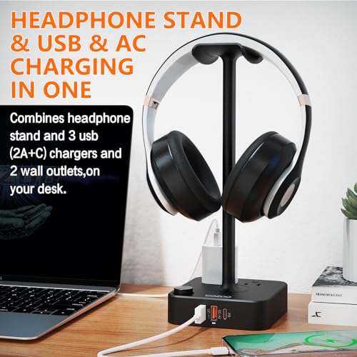COZOO Headphone Stand with USB Charger Desktop Gaming Headset Holder Hanger with 3 USB Charging Station and 2 Outlets Power Strip,Suitable for Gaming, DJ,Wireless Earphone Display, Gamer Gifts for Men - color: 1.Black(PD & QC3.0)