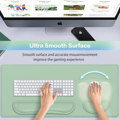 Desk Mat Green, Large Gaming Mouse Pad with Wrist Rest, 4in1 XXL Mousepad+Keyboard Wrist Rest+Mouse Pad Wrist Support+Cup Coaster Set Ergonomic Computer Desk Arm Wrist for Decor Home Office Women - color: Antique Green