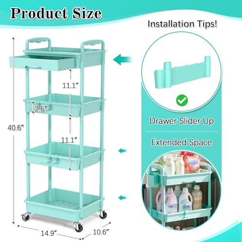 SUNALLY 4 Tier Rolling Utility Cart with Drawer, Storage Organizer Cart with 2 Lockable Wheels, Multifunctional Rolling Storage Cart for Bathroom, Kitchen, Craft, Makeup, Baby Essentials, Blue - color: Blue, size: 4 Tier