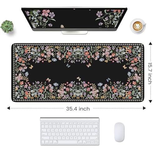 HAOCOO Floral Desk Pad for Keyboard and Mouse, Black Mouse Pad with Non-Slip Rubber Base, XXL Keyboard Mat with Edge Stitching, Soft Computer Mat, Gaming, Office Aesthetics - color: Black