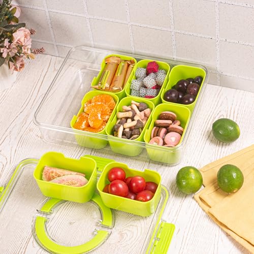 Dingerjar Divided Serving Tray with Lid and Handle - Snackle Box Charcuterie Container for Portable Snack Platters Organizer for Candy, Fruits, Nuts, Snacks - Perfect for Party, Entertaining, Green - color: Green