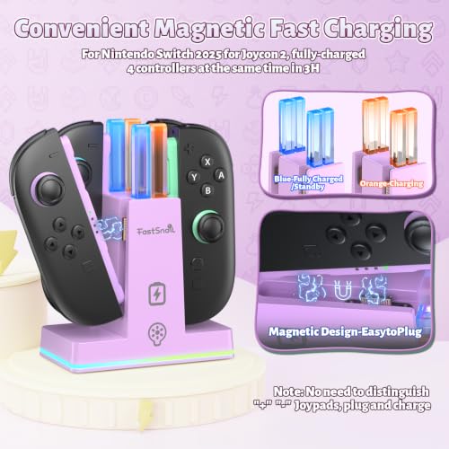 FASTSNAIL Charging Dock for Nintendo Switch 2(2025) for Joypad 2, Dual-Direction Magnetic Fast Controller Charger Station with 9 RGB Light & Charging Cable for Joypad 2 Stand (Light Purple) - color: Light Purple, size: 7.9 inch