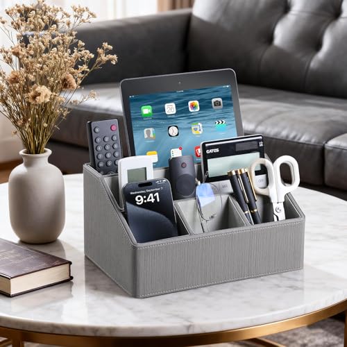 PU Leather Desk Organizer, Luxury Remote Control Holder for Home, Office Desk Accessories Table Caddy Bedside Nightstand Organizer (Grey) - color: Grey
