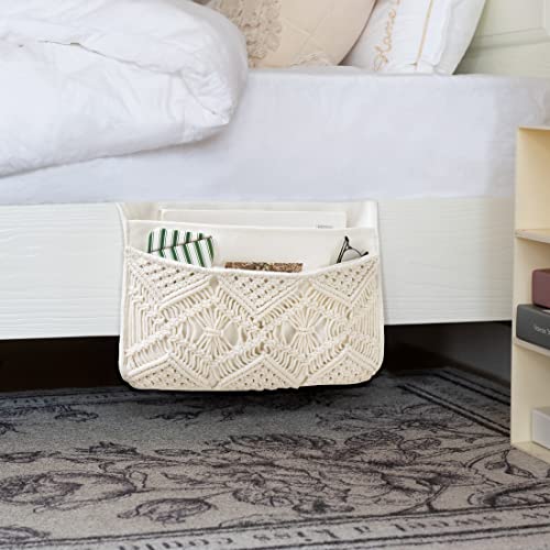Mkono Macrame Bedside Caddy Storage Organizer Boho Remote Control Tablet Magazine Holder with 4 Pockets Non-slip Countertop Bedside Caddy for Home Bedroom Living Room College Dorm Bed, Ivory - color: Ivory, size: Medium