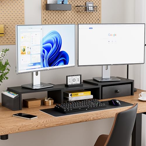 Dual Monitor Stand Riser, Adjustable Length & Swivel Angle Monitor Stand, Ergonomic Monitor Stand with Drawer & Side Pockets, Desktop Organizer and Office Desk Accessories, Black - color: Black, style: Separate-Type