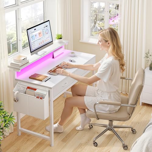 DurayLoly Computer Desk with 2 Drawers & LED Lights,31Inch Home Office Desks with Side Pocket and Monitor Stand,Study Writing Table for Small Spaces,White - color: White, size: 31.0 Inch