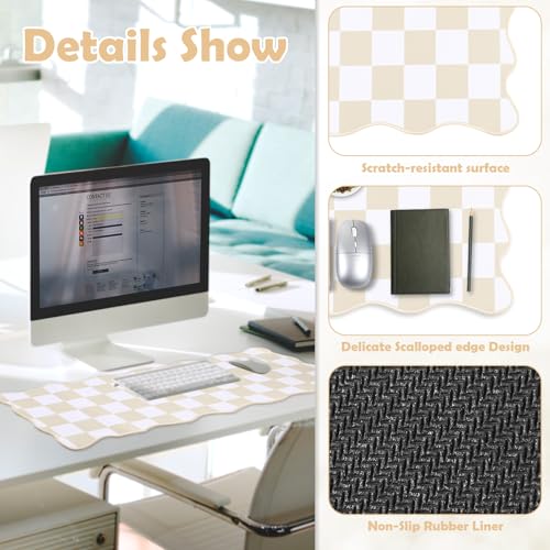 Copkim 1 Pcs Beige Scalloped Checkered Desk Mat 31.5 x 11.8 Inch Large Cute Mouse Pad Computer Mat Non Slip Waterproof Rubber Base with Border Stitching Soft Keyboard Pad for Home Office Gaming Makeup - color: Beige, style: Checkered