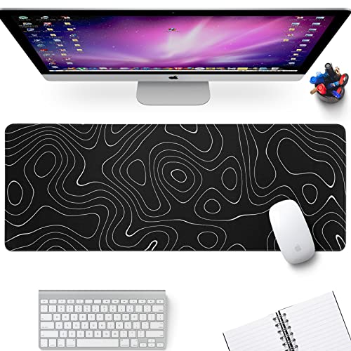 Large Topographic Map Gaming Mouse Pad for Desk Black Desk Pad with Non-Slip Rubber Base Stitched Edge Desk Organizers and Accessories Desk Decor - color: Topographic Map Black