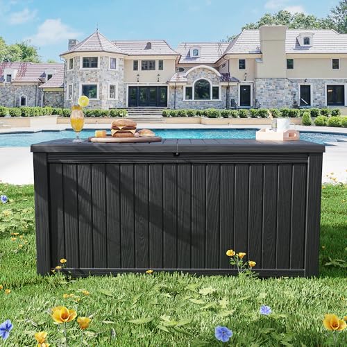 Outdoor Storage Box Waterproof, 200 Gallon Lockable Resin Large Deck Box, Patio Storage Bin for Pool Accessories Cushion Furniture, Garden Tools, UV-Resistant Outside Delivery, Black - color: Black, size: 200 Gallon