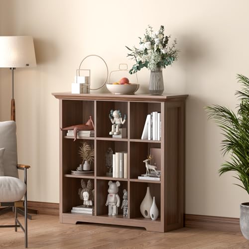 OSCHF Cube Shelf Bookcase with Base - Wooden 3 Tiers Floor Standing Low Storage Cabinet for Home and Office, 9-Cube Lattice Bookshelf, Walnut - color: Walnut, size: 9-Cube