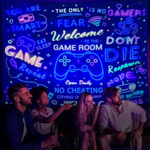 ARTCREATOR Black Light Gaming Tapestry, Welcome To The Game Room Sign For Gaming Room Wall Decor For Boys, Cool UV Reactive Tapestries Gaming Wall Decor for Bedroom (70" x 90") - color: colours, size: 90"L x 70"W