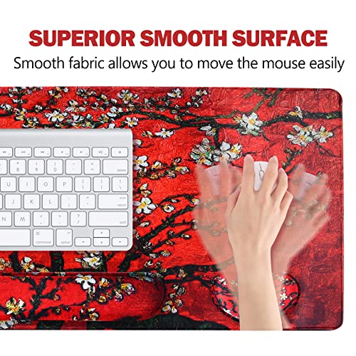 ARTSO Large Gaming Mouse Pad, Keyboard Wrist Rest Pad & Wrist Support Mousepad Set, Stitched Edge, Extended, Non-Slip Base, Memory Foam Desk Mat 4pcs for Office & Home, Red Van Gogh Painting - color: Red Van Gogh Painting