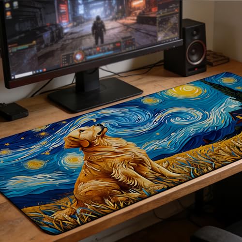 Dog Under Starry Night Gaming Mouse Pad Large Desk Mat Extended Keyboard Anime Mousepad with Non-Slip Base and Stitched Edge for Desk Home Office Gaming,35.4 x 15.7 Inch - color: Dog under Starry Night, size: 15.7*35.4inch