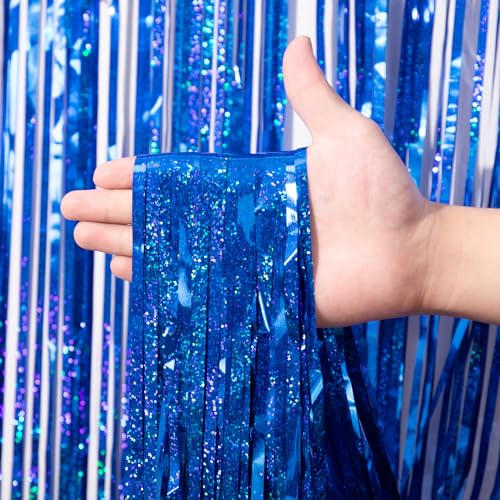 Voircoloria 3 Pack 3.3 x 8.2 ft Laser Blue Foil Fringe Backdrop Curtains, Tinsel Streamers Birthday Party Decorations, Fringe Backdrop for Graduation, Baby Shower, Gender Reveal, Disco Party - color: 15 Laser Blue