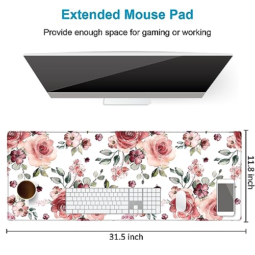 Extended Desk Mat (31.5x11.8 inch 3mm Thick), iDonzon Soft Cute Extra Large XXL Waterproof Gaming Mouse Pad with Non-Slip Rubber Base & Stitched Edges, for Working/Game, Peony Flowers - color: Pink