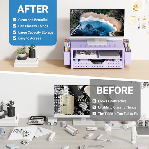 OPNICE Laptop Stand for Desk Organizer, Computer Monitor Stand Riser with Drawer and 2 Pen Holders, Ventilated Perforated Steel Top, Office Desk Accessories for Home Office Supplies, Purple - color: Purple, size: Single
