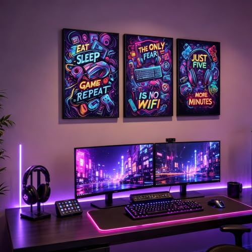 Yolbcdr Gaming Room Wall Decor Neon Video Game Quote Canvas Art Set of 3 Game Room Decor Funny Gamer Poster Playroom Artwork Picture Print for Boy Teen kids Bedroom 16x24in Unframed - color: Colorful, size: 16"x24" Poster