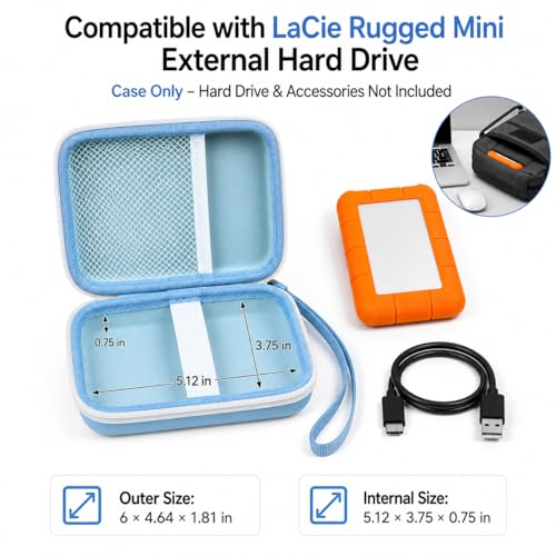 Case Compatible with LaCie Rugged Mini 1TB/ 2TB/ 4TB/ 5TB External Hard Drive Portable HDD, Storage Holder for Hard Drives for Mac and PC Computer & USB 3.0 2.0 Cable SD Cards (Blue) - color: Blue