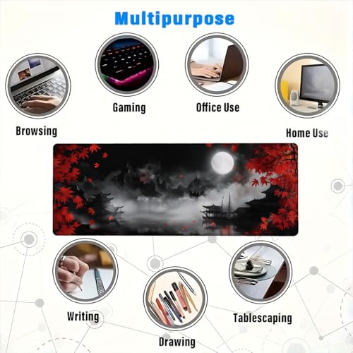 Maple Desk Mat Red Moonlit Chinese Landscape Night Mist Zen Mousepad XL Large Gaming Mouse Pad Laptop Keyboard Mat Desk Pad Great for Work-from-Home or Office Use 31.5x11.8 Inch - color: Maple