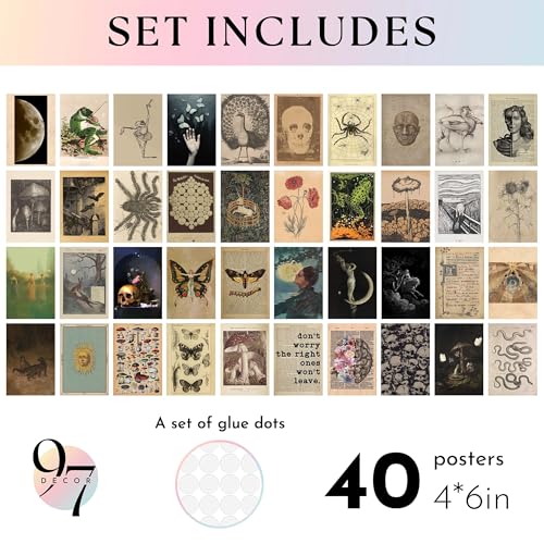 97 Decor Vintage Posters for Room Aesthetic - 40pcs Vintage Art Wall Collage Kit, Fairycore Room Decor, Witch Goblincore Pictures Cottagecore Posters for Teen College Dorm Bedroom Decoration (4"x6") - color: Vintage Collage 40x4x6