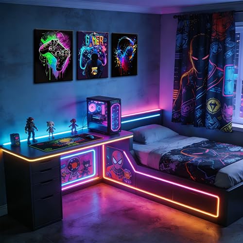 Cool Gaming Wall Art Canvas Print Set of 3, Retro Video Game Gamers Picture, Gamer Painting Wall Decor for Teen Boys Room, Colorful Neon Gamepad Art for Boys Home Decoration 16x24 inch Framed - color: Cool Black Game Canvas, size: Canvas 16x24 inch